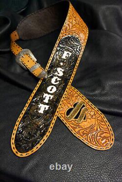 Guitar strap leather tooled all hand made in USA Sheridan oak leaf 4 2 pc bk