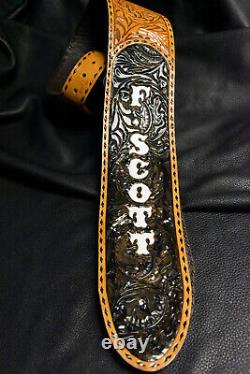 Guitar strap leather tooled all hand made in USA Sheridan oak leaf 4 2 pc bk