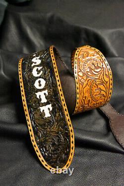 Guitar strap leather tooled all hand made in USA Sheridan oak leaf 4 2 pc bk