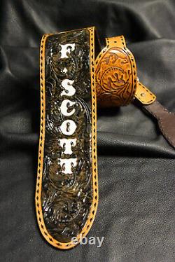 Guitar strap leather tooled all hand made in USA Sheridan oak leaf 4 2 pc bk