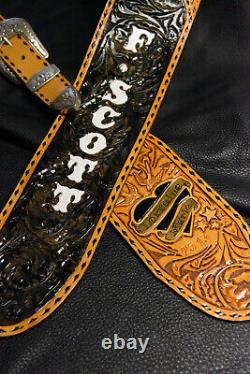 Guitar strap leather tooled all hand made in USA Sheridan oak leaf 4 2 pc bk