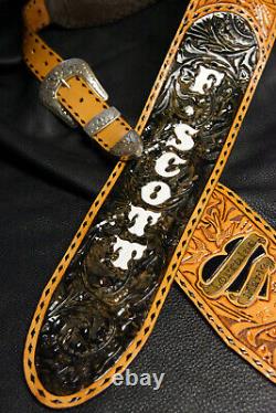 Guitar strap leather tooled all hand made in USA Sheridan oak leaf 4 2 pc bk