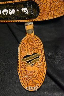 Guitar strap leather tooled all hand made in USA Sheridan oak leaf 4 2 pc bk