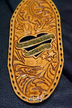Guitar strap leather tooled all hand made in USA Sheridan oak leaf 4 2 pc bk