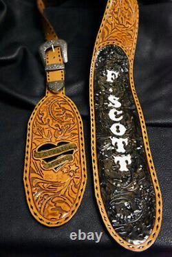 Guitar strap leather tooled all hand made in USA Sheridan oak leaf 4 2 pc bk