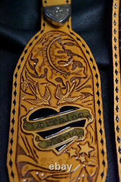 Guitar strap leather tooled all hand made in USA Sheridan oak leaf 4 2 pc bk