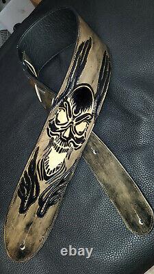 Guitar strap leather tooled all hand made in USA flaming skull 4 new desig
