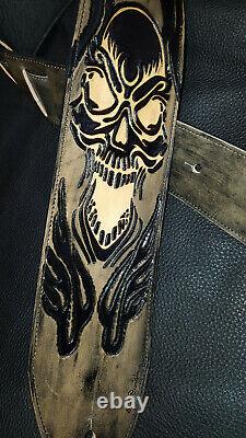 Guitar strap leather tooled all hand made in USA flaming skull 4 new desig