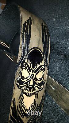 Guitar strap leather tooled all hand made in USA flaming skull 4 new desig