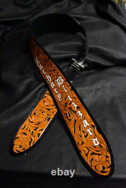 Guitar strap leather tooled hand made in USA 3.5 floral riffs 2 pc buckle B/O/W