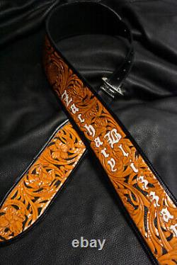 Guitar strap leather tooled hand made in USA 3.5 floral riffs 2 pc buckle B/O/W