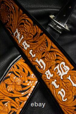 Guitar strap leather tooled hand made in USA 3.5 floral riffs 2 pc buckle B/O/W