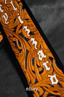 Guitar strap leather tooled hand made in USA 3.5 floral riffs 2 pc buckle B/O/W