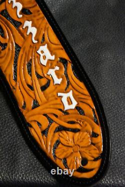 Guitar strap leather tooled hand made in USA 3.5 floral riffs 2 pc buckle B/O/W