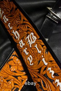 Guitar strap leather tooled hand made in USA 3.5 floral riffs 2 pc buckle B/O/W