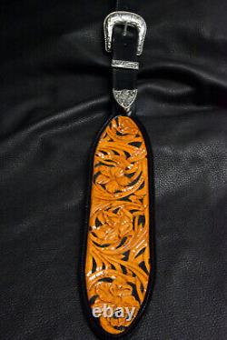 Guitar strap leather tooled hand made in USA 3.5 floral riffs 2 pc buckle B/O/W