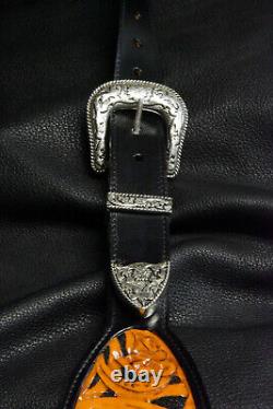Guitar strap leather tooled hand made in USA 3.5 floral riffs 2 pc buckle B/O/W