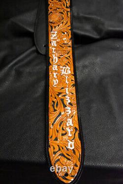 Guitar strap leather tooled hand made in USA 3.5 floral riffs 2 pc buckle B/O/W