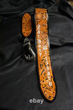 Guitar strap leather tooled hand made in USA 3.5 floral riffs 2 pc buckle B/O/W