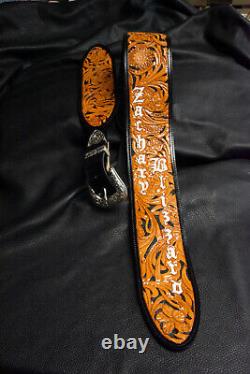 Guitar strap leather tooled hand made in USA 3.5 floral riffs 2 pc buckle B/O/W