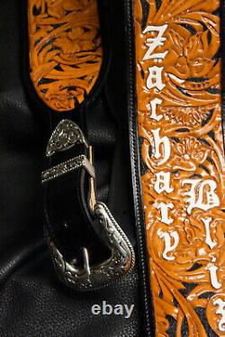 Guitar strap leather tooled hand made in USA 3.5 floral riffs 2 pc buckle B/O/W
