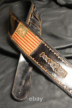 Guitar strap leather tooled hand made in USA 4 flag name and borders laced