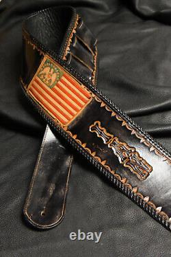 Guitar strap leather tooled hand made in USA 4 flag name and borders laced