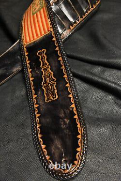 Guitar strap leather tooled hand made in USA 4 flag name and borders laced