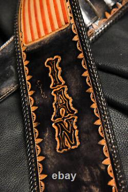 Guitar strap leather tooled hand made in USA 4 flag name and borders laced