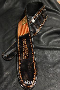 Guitar strap leather tooled hand made in USA 4 flag name and borders laced