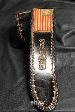 Guitar strap leather tooled hand made in USA 4 flag name and borders laced