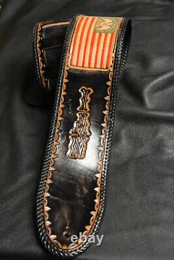 Guitar strap leather tooled hand made in USA 4 flag name and borders laced