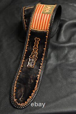 Guitar strap leather tooled hand made in USA 4 flag name and borders laced