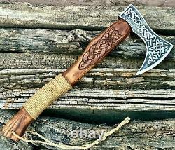 HAND FORGED Damascus Steel Axe/Hatchet Engraved Blade & Handle Viking Axe USA