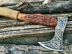 HAND FORGED Damascus Steel Axe/Hatchet Engraved Blade & Handle Viking Axe USA
