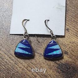 Hand Crafted Inlaid Stone Dangles Sterling Silver Earrings Blue USA Made