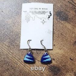 Hand Crafted Inlaid Stone Dangles Sterling Silver Earrings Blue USA Made