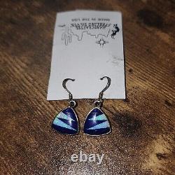 Hand Crafted Inlaid Stone Dangles Sterling Silver Earrings Blue USA Made