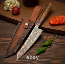 Hand Forged Copper Damascus Chef Knife, Cu Mai Full Tang Kitchen Knife