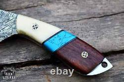 Hand Made Blue Racer Lizar Damascus Skinner Fixed Blade Hunting Knife USA