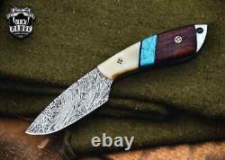 Hand Made Blue Racer Lizar Damascus Skinner Fixed Blade Hunting Knife USA