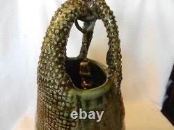 Hand Made Green Tone Pottery Wishing Well With Handles 15 Tall Folk Art