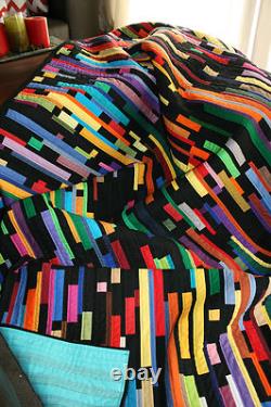 Hand Made Quilt BLACK/COLOUR STRIPPY by Quilt-Addicts 83x78 USA only