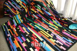 Hand Made Quilt BLACK/COLOUR STRIPPY by Quilt-Addicts 83x78 USA only
