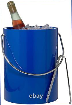 Hand Made in USA Blue Double Walled 5-Quart Insulated Ice Bucket with Ice Tongs