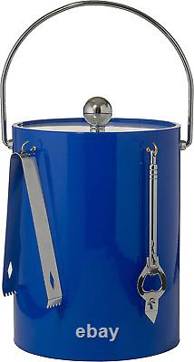 Hand Made in USA Blue Double Walled 5-Quart Insulated Ice Bucket with Ice Tongs