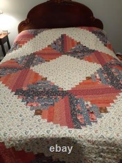 Hand-Quilted Log Cabin. Vintage Pinks/Blues/White Florals. Excellent Condition