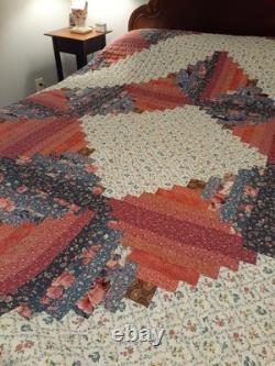 Hand-Quilted Log Cabin. Vintage Pinks/Blues/White Florals. Excellent Condition