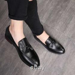 Hand Stitched Black Leather Loafer Moccasin Slip On Tassels Dress Formal Shoe