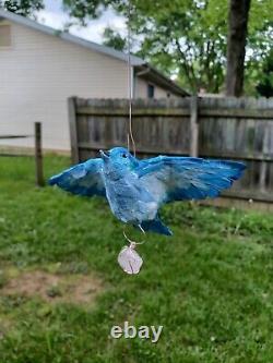 Hand made Paper Mache sculpture Hanging Blue Bird with Rose Quartz stone ooak
